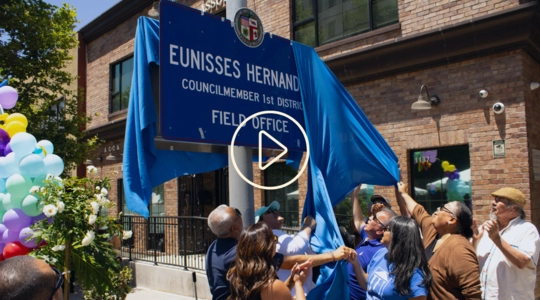 Councilmember Eunisses Hernandez unveiling street sign