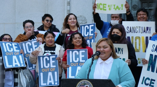 Eunisses Hernandez at City Hall press conference announcing the “sanctuary city” ordinance