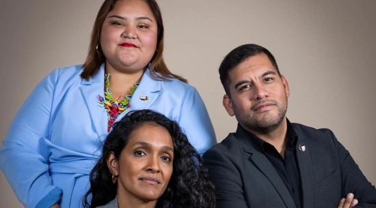 L.A. City Councilmembers Eunisses Hernandez, Nithya Raman and Hugo Soto-Martínez, photographed at City Hall in downtown Los Angeles on Oct. 12.
