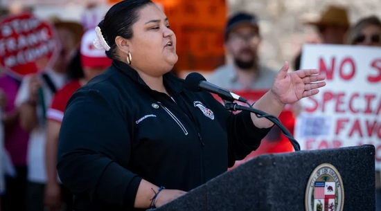 Los Angeles City Councilmember Eunisses Hernandez speaks Aug. 18, 2025, at Los Angeles State Historic park during a protest aimed at stopping the Dodger Stadium gondola project. (Photo by David Crane, Los Angeles Daily News/SCNG)