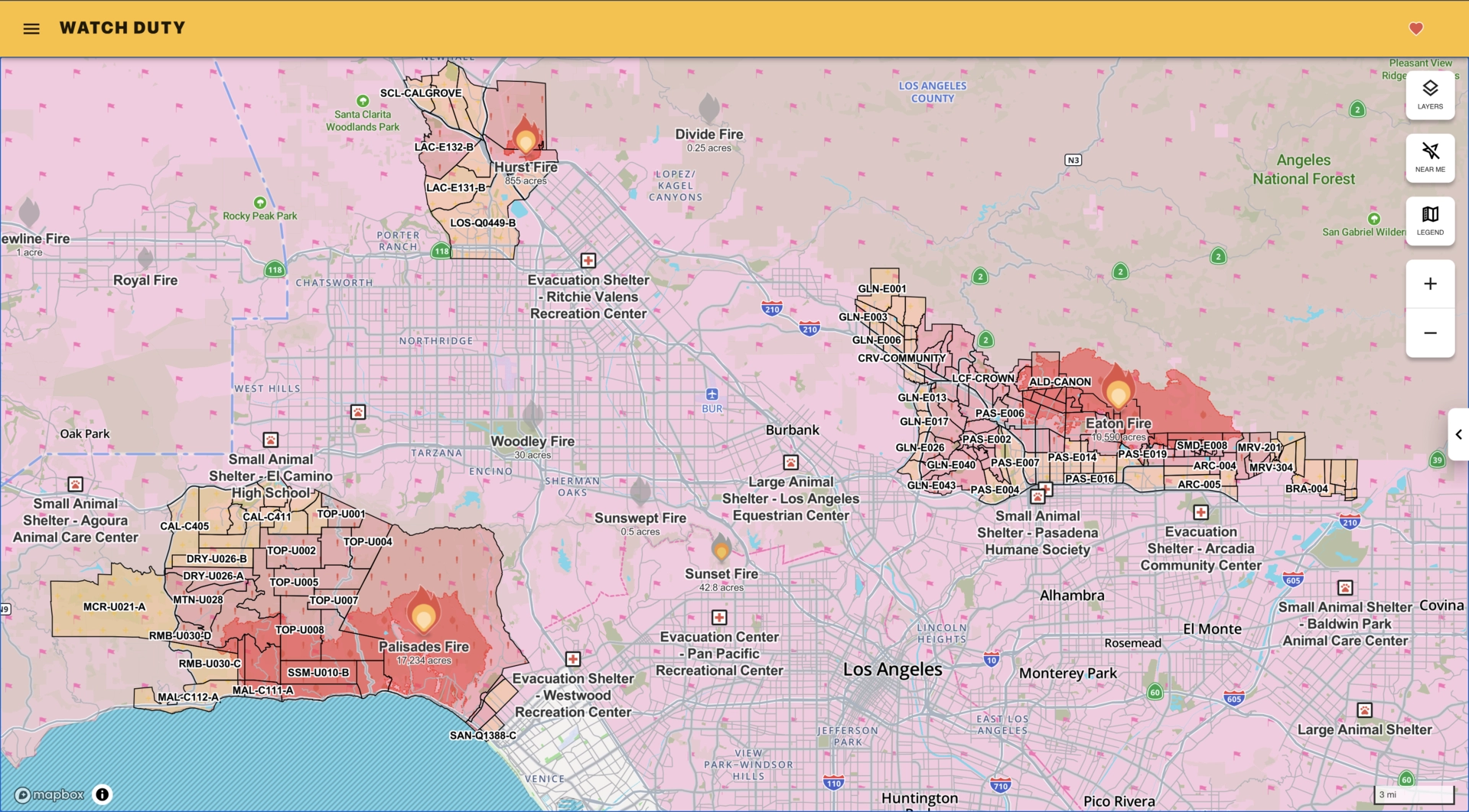 Watch Duty Map of Los Angeles County Fires